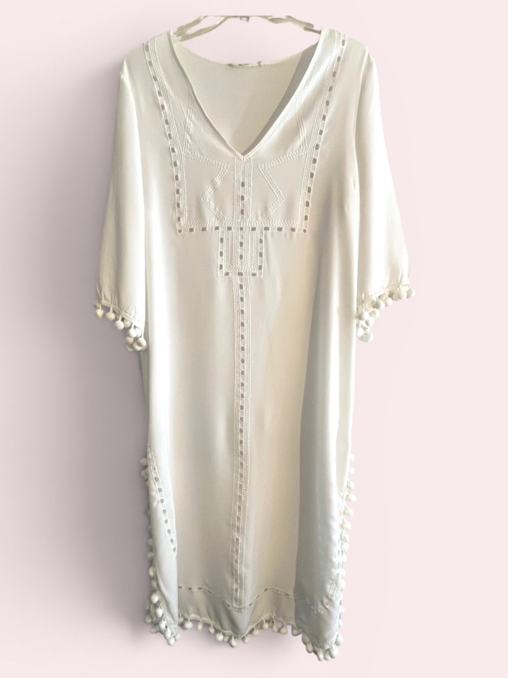 Solitaire Flowy Embroidered White Ball Fringe Swim Coverup Size L